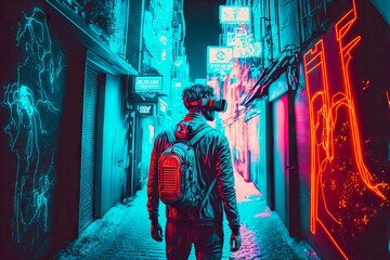 Naklejka na ściany i meble man walking down street with neon bright signs in virtual world of vr headset, created with generative ai