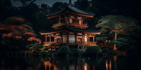 A traditional japanese Pagode in the background with a small lake in front at night