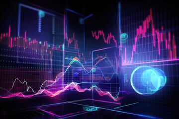 Futuristic trading charts and graphs with neon lights. Digitally generated AI image.
