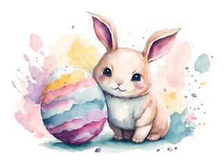 Watercolor spring illustrated postcard of cute bunny with easter eggs. Generative AI. Happy Easter