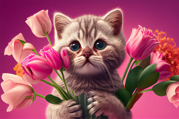 illustration of cute cat giving a flowers in pink background. AI