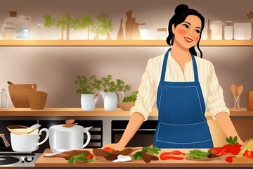 illustration portrait of chef woman at the kitchen restaurant , generative art by A.I