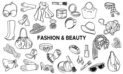 Set of fashion and beauty products, hand drawn girls fashion, rings, hat, make up brush, beauty cream, hand bags, ladies purse, ladies shoes