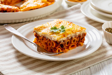 Greek Pastitsio on white plate, top view