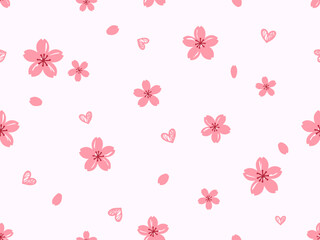 Seamless pattern with cherry blossom Sakura flower, flying petals and hand drawn hearts on pastel pink background vector illustration.