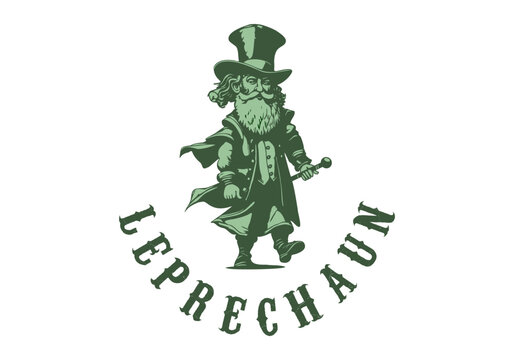 Vector green funny little walking leprechaun in a suit, top hat and with a cane. Logo, sticker or icon. White isolated background