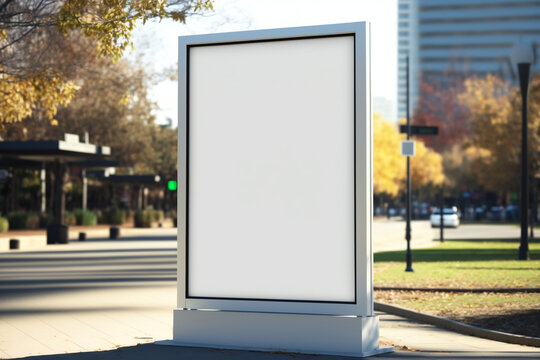 blank white digital sign poster billboard mockup display in city center, daytime