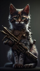 Cute cat sitting on the floor with a gun 