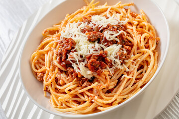 spaghetti al ragu alla Bolognese in white bowl