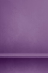 Empty shelf on a dark lilac purple concrete wall. Background template. Vertical mockup