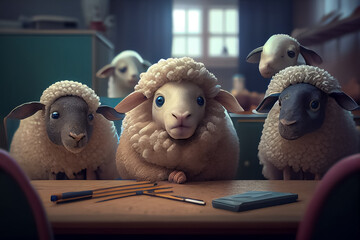 illustration of sheep sit at school in the classroom stupid students . ai - obrazy, fototapety, plakaty