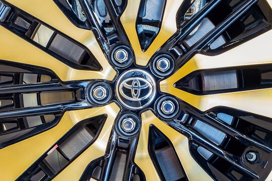 Minsk, Belarus - May 23, 2022: Close up of alloy wheel tyre of Toyota Alphard car