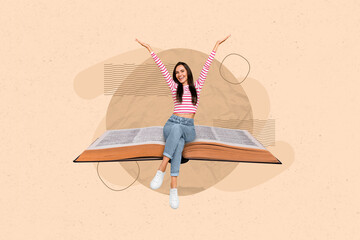 Photo picture 3d collage artwork image of positive cheerful girl rejoice passed exam test good mood...
