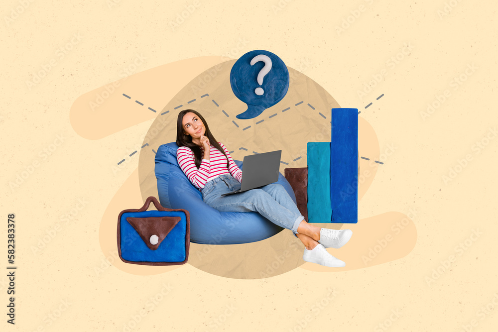 Poster creative collage picture of minded clever girl sit beanbag use netbook think look question mark isol