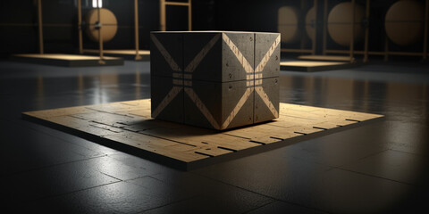 Fototapeta na wymiar cube shaped wooden platform in front of black floor in crossfit gym. Generated AI