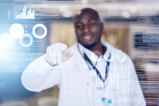 Overlay, database and healthcare with a doctor black man touching a 3d or ai hologram interface for research and innovation. Digital, technology and medical with a medicine professional in a hospital