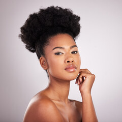 Skincare, beauty and portrait black woman with confidence, white background and cosmetics product....