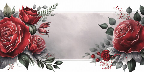 red silver theme watercolor floral header for a wedding invitation. Generated AI