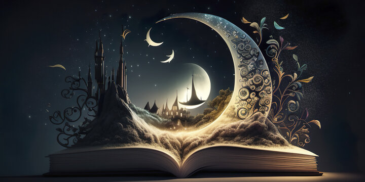 crescent moon while reading book ,fantasy dreamy fairytale illustration concept. Generated AI