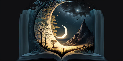 crescent moon while reading book ,fantasy dreamy fairytale illustration concept. Generated AI