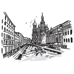 Cathedral of the Savior on Blood in St. Petersburg. Sketch. Black and white illustration.