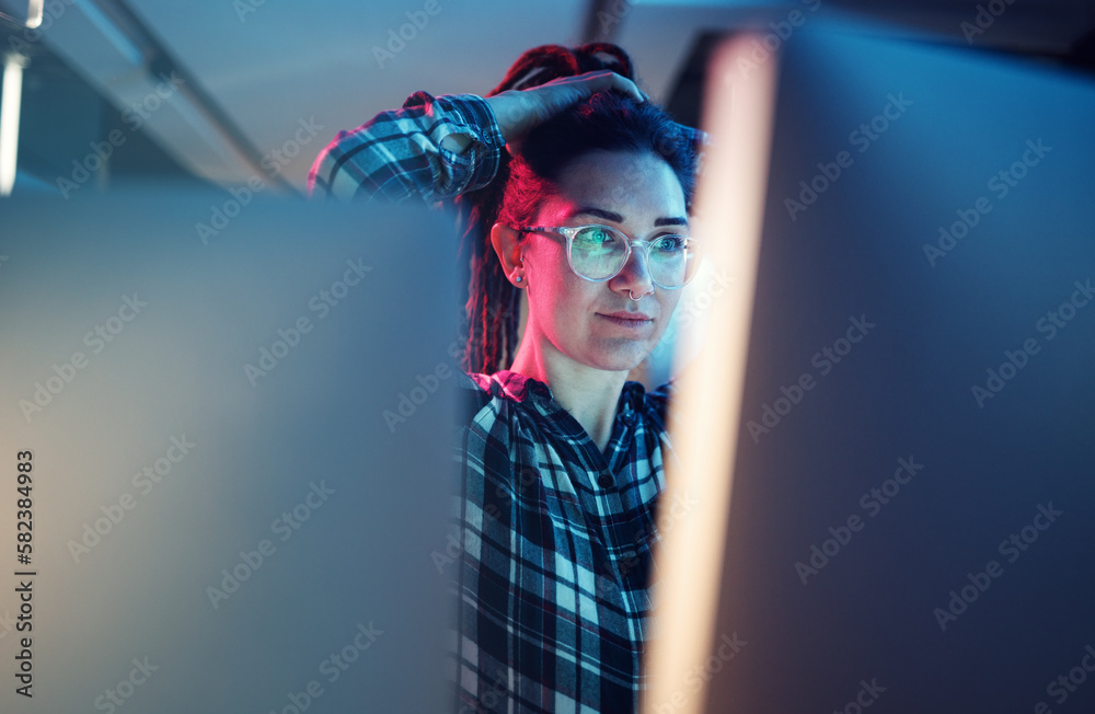 Poster Cybersecurity, malware and woman hacker working on a computer in the basement at night for phishing. Database, password and ransomware with a female coder hacking a digital transformation network