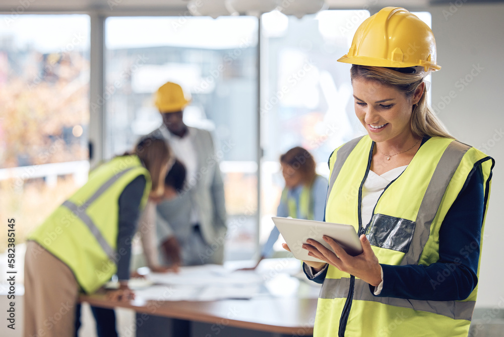 Poster architecture, tablet and woman with project management, software design and planning in office for b