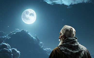 muslim old man praying on a starry and crescent moon moon night. Generated AI - obrazy, fototapety, plakaty