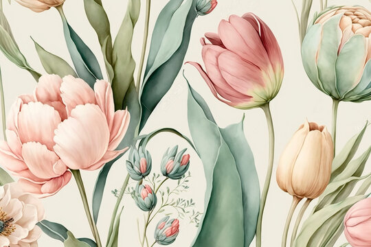 Pattern of spring and summer colors in pastel palette on light background, design summer background with space for text. Generative AI