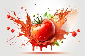 Realistic tomato with red juicy splash explosion. Digital art illustration