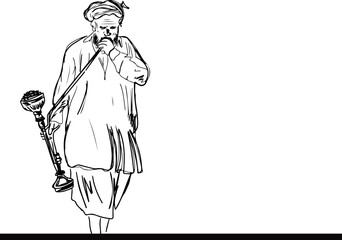Sketch drawing of a village old man holding a traditional hookah while walking, Hand-drawn outline illustration of an old man in a hookah walking pose