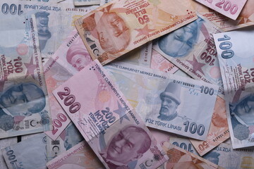 Turkish banknotes. TRY or TL. Numbers macro shot.5,10,20,200 Turkish Lira