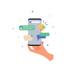 Hand holding mobile phone and using social media, Social media and mobile applications concept.