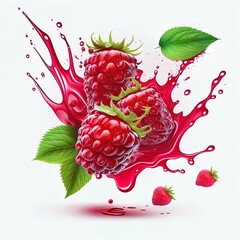 Realistic raspberry with red juice splash explosion with green leaves. Digital art illustration - obrazy, fototapety, plakaty