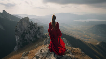 Fototapeta premium woman in long red dress in the mountains, generative ai