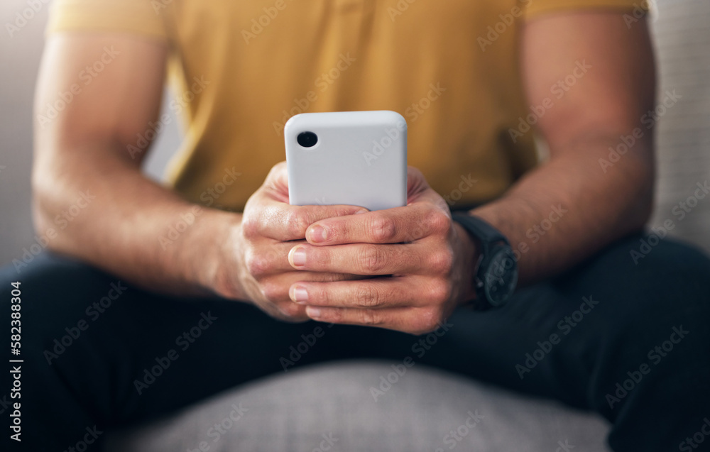 Aufkleber closeup, hands and man with smartphone, typing and connection for communication, search website and 