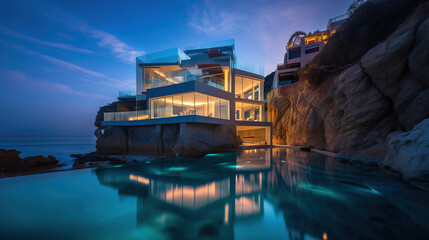 luxury house with pool in the night, generative ai