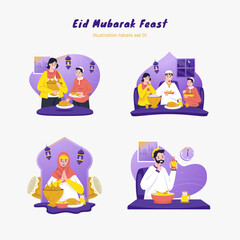 Eid mubarak feast illustration labels set