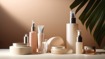 mockup of cosmetic makeup bottles of perfume and cream, generative ai