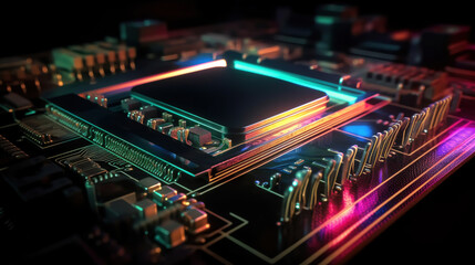 Fototapeta premium technology background, close-up of computer circuit board, cpu, microchip, generative ai