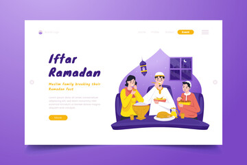 Iftar ramadan muslim family illustration on landing page design