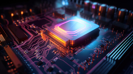 Fototapeta premium technology background, close-up of computer circuit board, cpu, microchip, generative ai