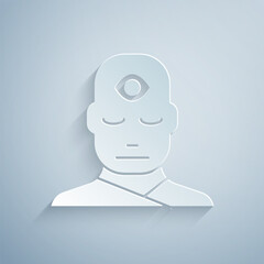 Paper cut Man with third eye icon isolated on grey background. The concept of meditation, vision of energy, aura. Paper art style. Vector Illustration