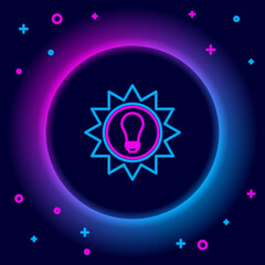 Glowing neon line Solar energy panel icon isolated on black background. Sun and light bulb. Colorful outline concept. Vector