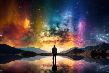 Fototapeta premium silhouette of a person looking the edge of the colorful universe, beautiful abstract landscape, generative ai