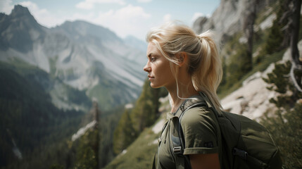 Naklejka na ściany i meble young woman hiking in the mountains, generative ai