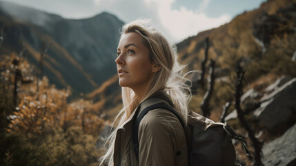Naklejka premium young woman hiking in the mountains, generative ai