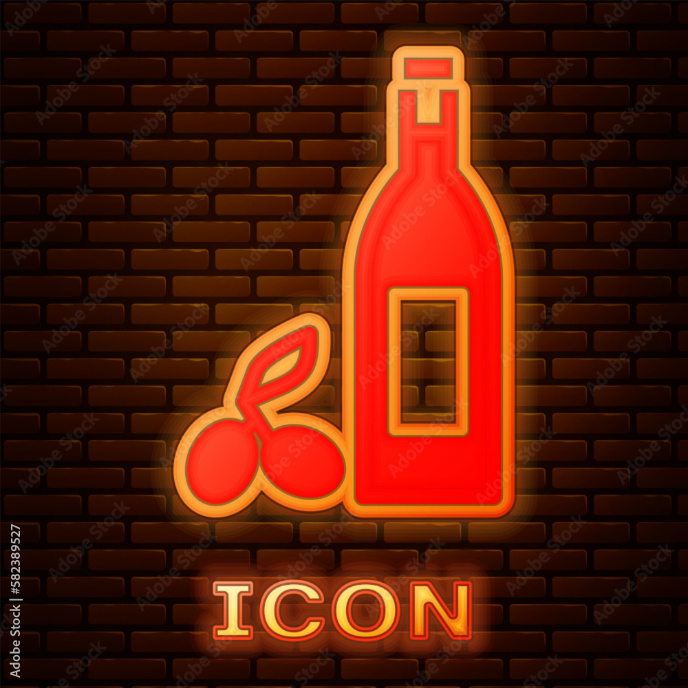 Sticker glowing neon bottle of olive oil icon isolated on brick wall background. jug with olive oil icon. ve