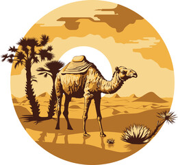 A camel in the desert against a backdrop of palm trees