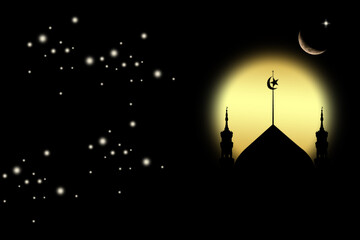 Islamic Background Concept,Empty Table Desk with Mosques Dome, Star,Crescent Moon Ramadan Religious symbols,Sunrise Twilight Eventing,for Arabic Muslim Holy,Eid ai-fitr,New year Muharram Mubarak.